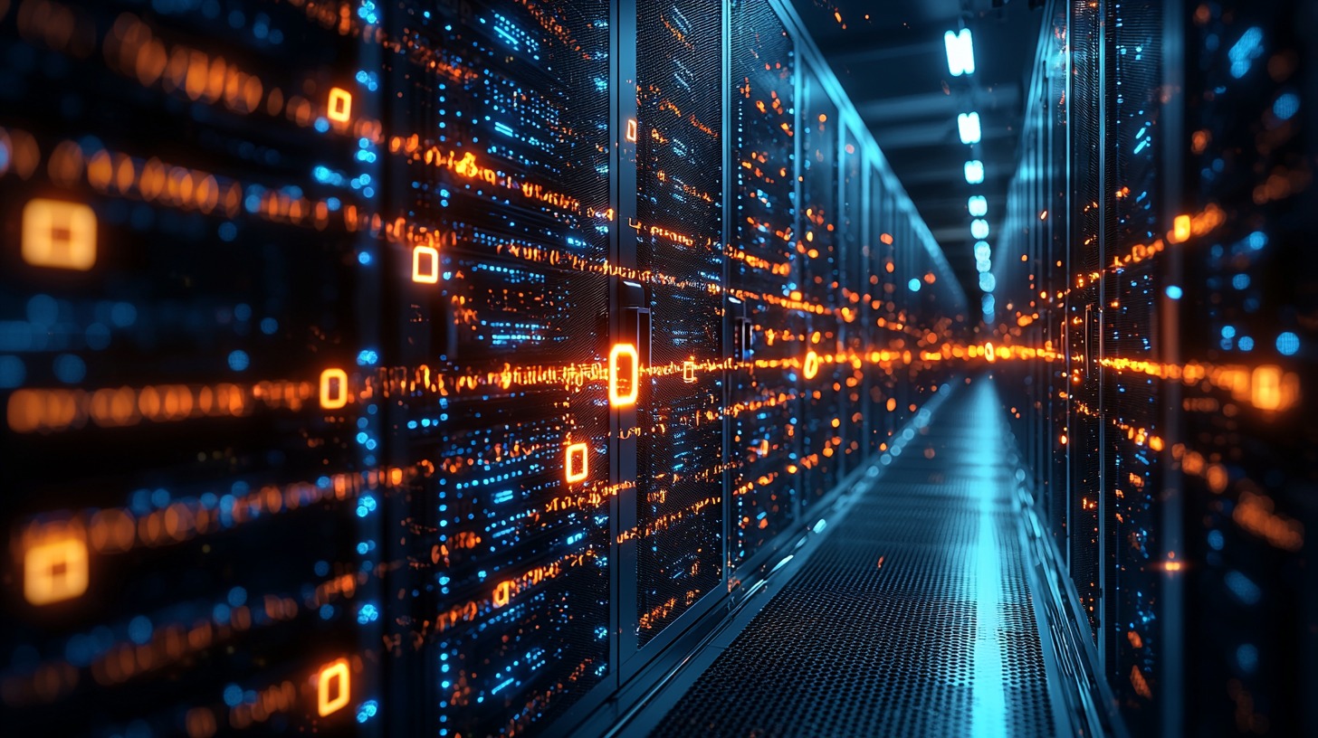 Server room overlaid with glowing blockchain nodes
